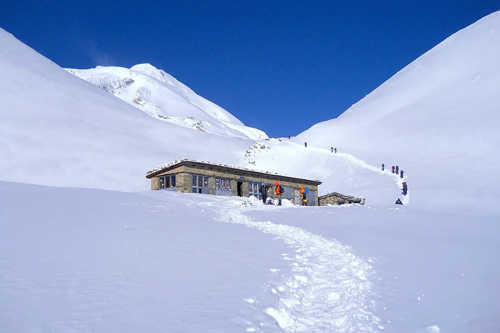 Trekking route from Manang to Mustang district of Nepal. A small tea house on the way to Thorong Pass.