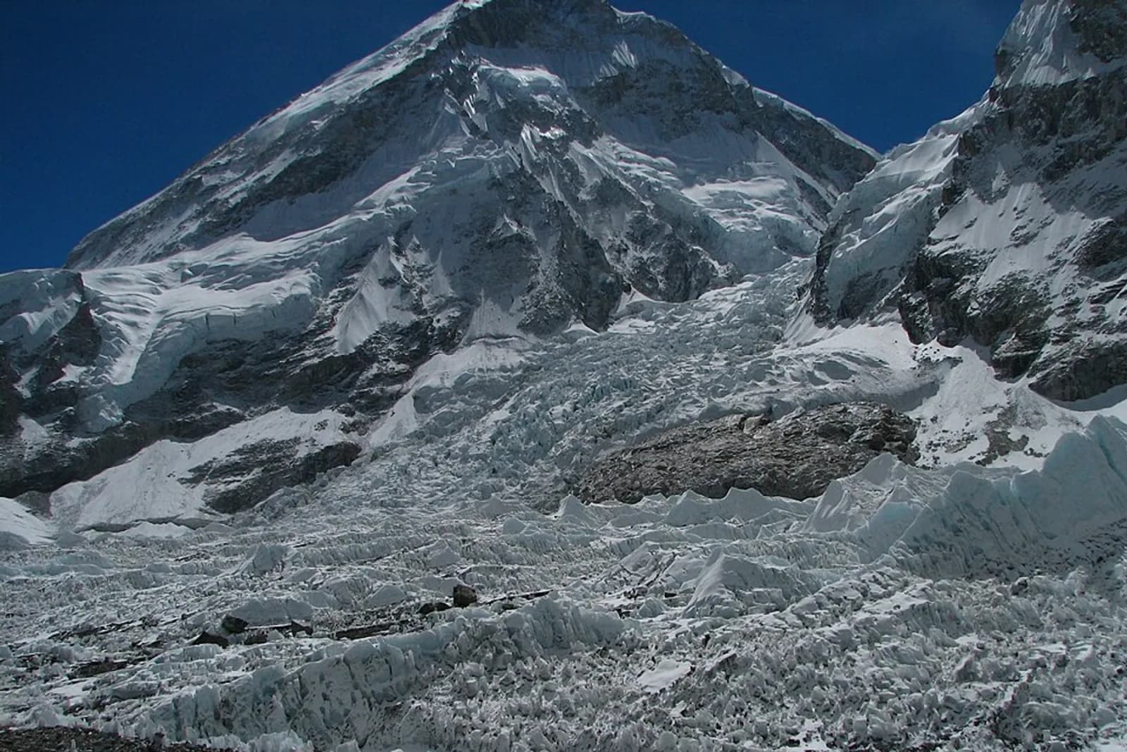 The dramatic ice of the Khumbu icefall above Everest Base Camp