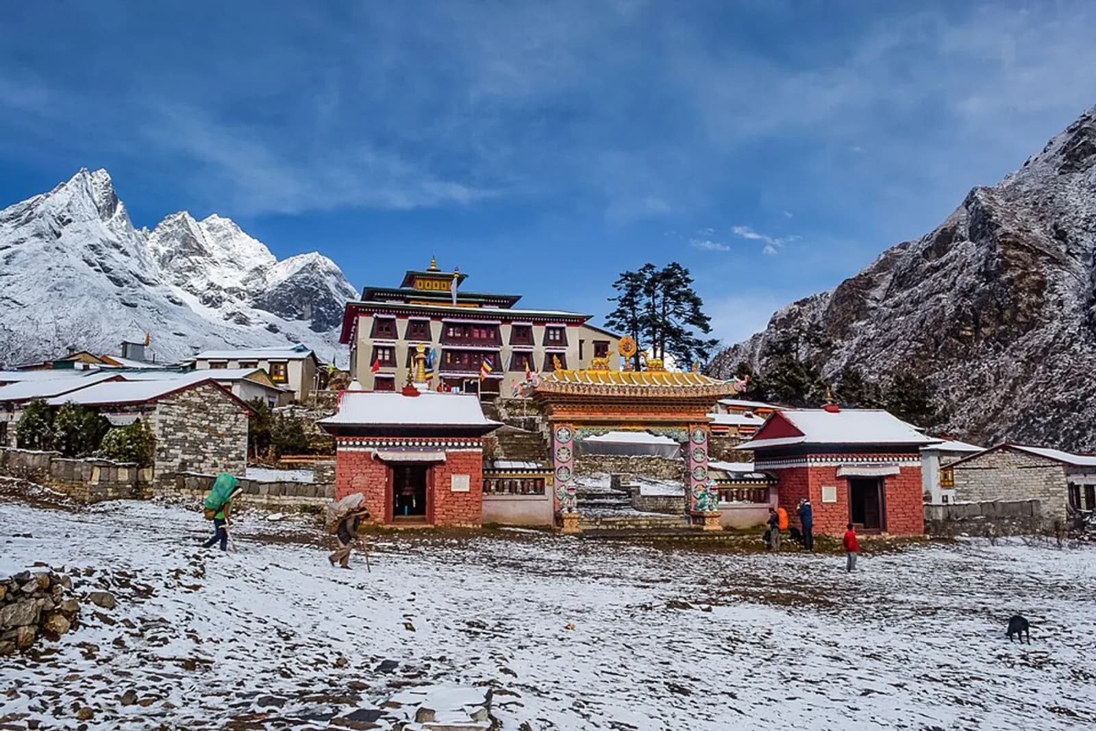 Tengboche Monastery (Thyangboche or Dawa Choling Gompa) is a Tibetan Buddhist monastery in the Khumbu valley of eastern Nepal. Located at an altitude of 3,867 meters (12,687 ft), and en route to Everest Base Camp Trek, it is one of the most prominent and the largest monasteries in the entire region. It is perched on a hill at the confluence of Dudh Koshi and Imja Khola rivers with Mt. Ama Dablam forming a stunning backdrop to the location. The site can be reached by a mountainous trail from Namche Bazaar via Lukla airport connecting to Kathmandu.