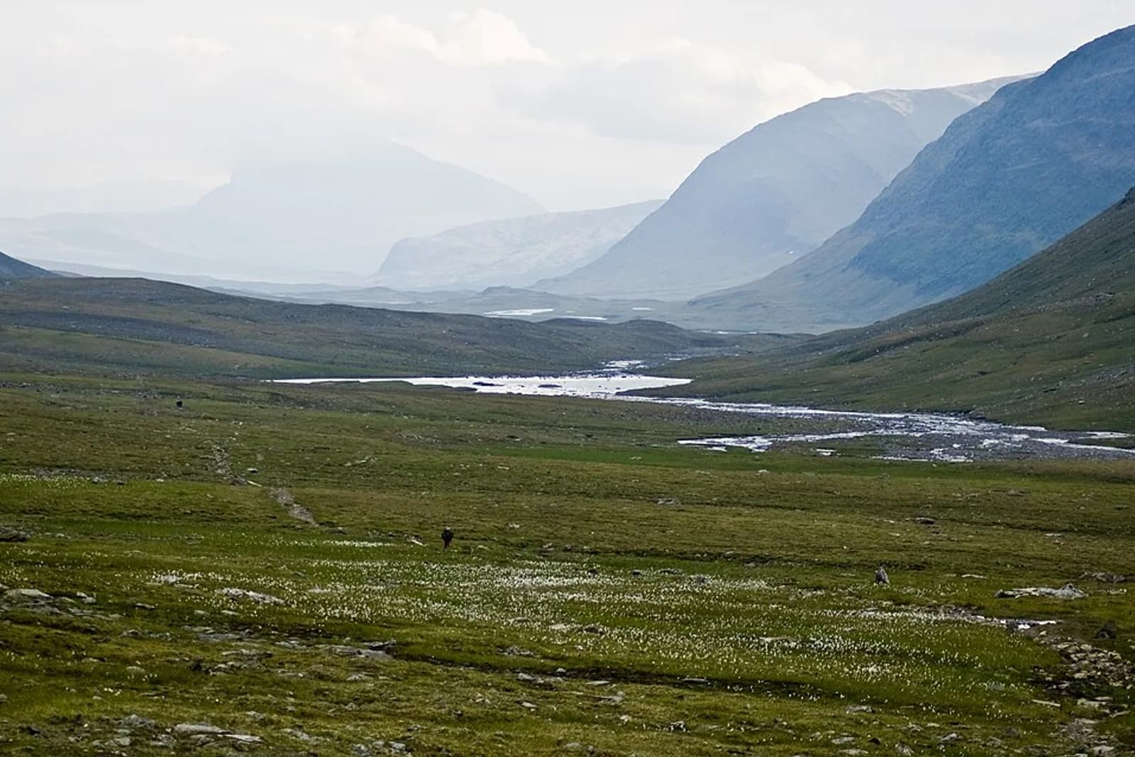 The kungsleden trail in swedish lapland, seen from its highest point, the Tjäkta Pass.